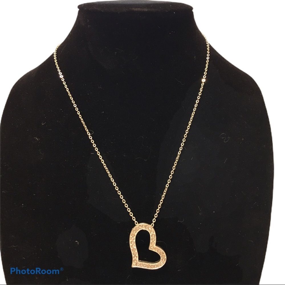 Silver tone drop heart rhinestone necklace 18-21”